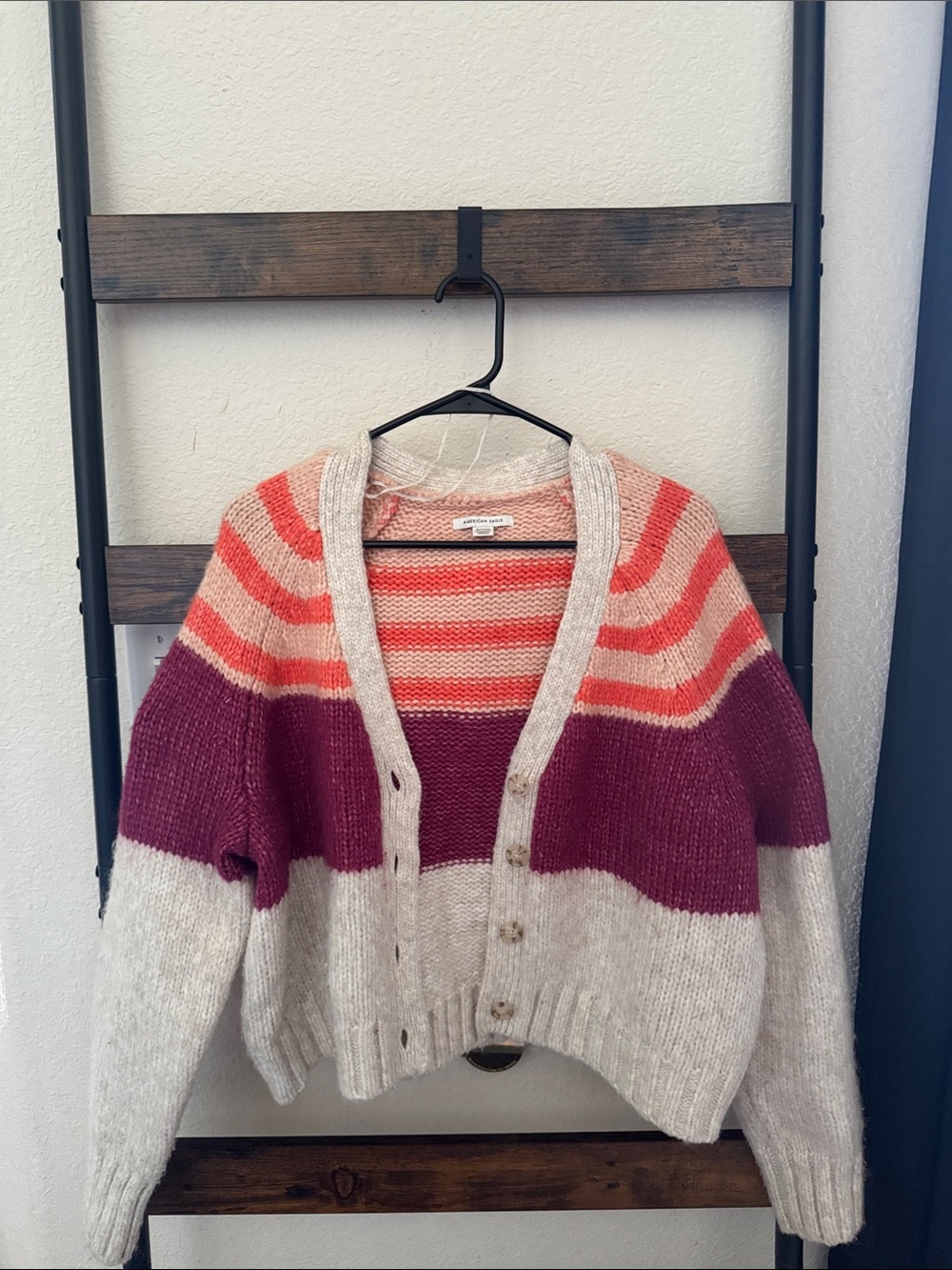 American Eagle Outfitters Striped V-Neck Button Cardigan-Cream,Pink,Berry (Used)